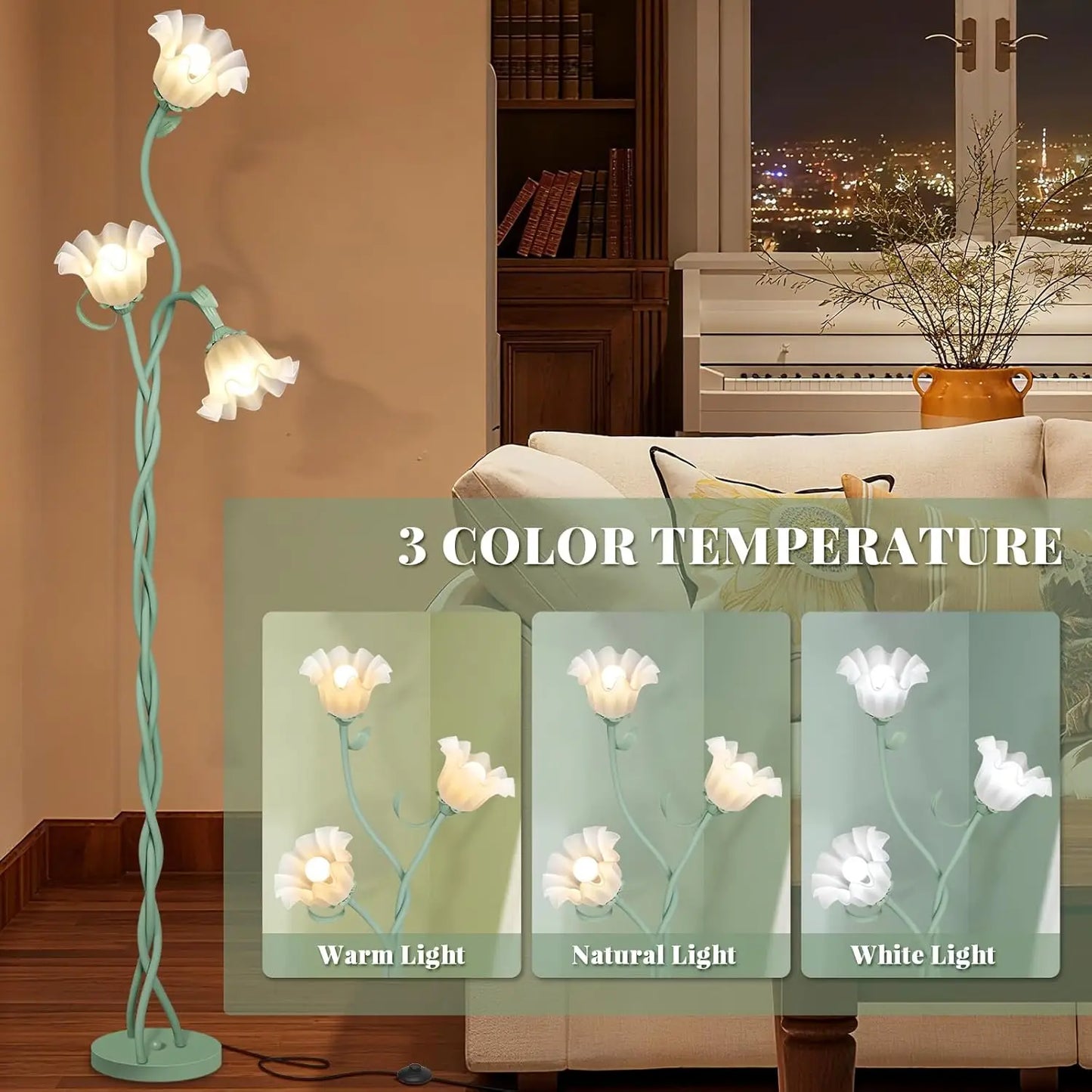Cute Flower Floor Lamp, 3-Head LED Standing Lamp with Flexible Gooseneck, 3 Color Temperatures, Green