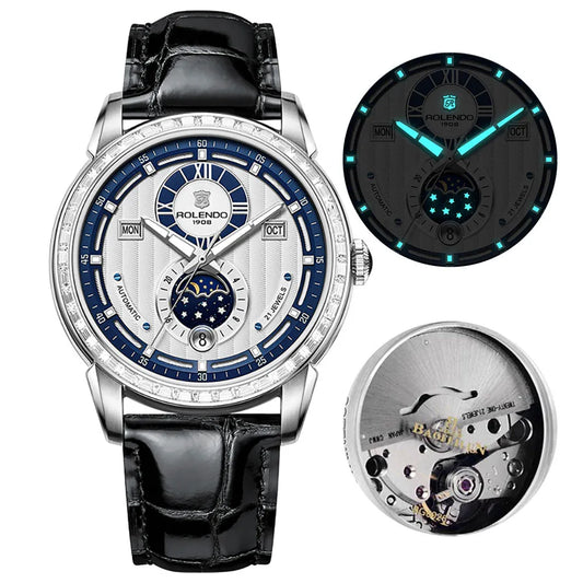 ROLENDO Ladies Automatic Watch, Genuine Top Layer Cowhide Strap, Butterfly Buckle, Mineral Glass, 50M Water Resistance