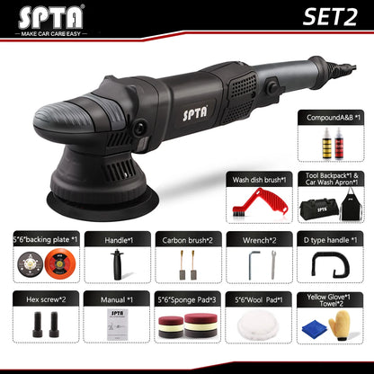 SPTA 5inch 780W Dual Action Polisher Orbit 15mm Auto Polisher DA Car Polisher Home DIY Polisher with Waxing Polishing Pads Set
