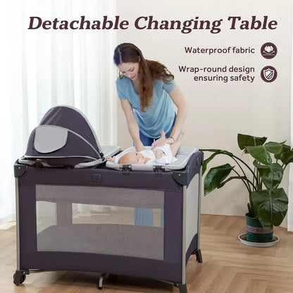 4-in-1 Portable Baby Playard, Foldable Playpen with Bassinet, Canopy, Changing Table, and Travel Crib