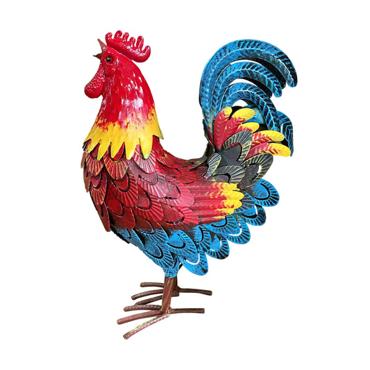 Wrought Iron Rooster Garden Statue, Weatherproof Metal Poultry Sculpture, Rust Resistant Farmhouse Yard Decor for Lawn Patio