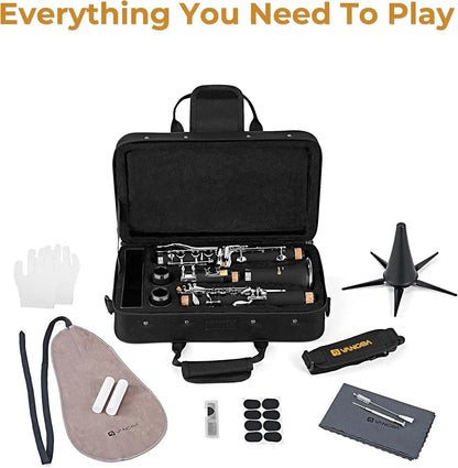 Bb Clarinet for Beginners, Nickel-Plated with Hard Case, Stand, Cleaning Kit & Accessories for School Band
