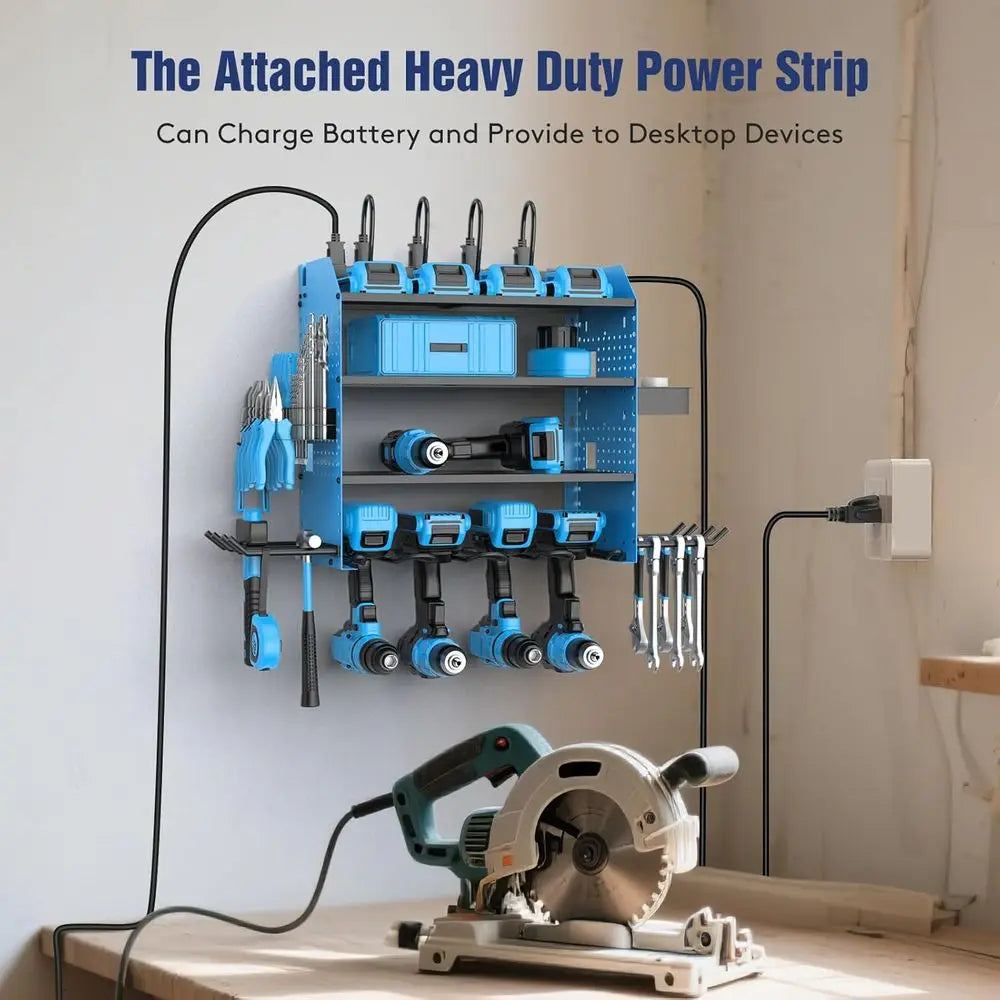 4-Tier Adjustable Wall-Mounted Power Tool Organizer with Charging Dock, Holds Drills, Hooks, and Storage Boxes
