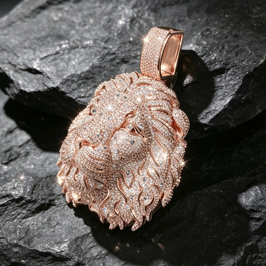 18K Rose Gold Plated Iced Out Huge Lion Head Pendant Hip Hop Statement Jewelry Bling Animal Medallion Charm Full Diamond Sparkling Gift For Rapper Party Nightclub Daily Wear Shiny Ornament For Men Trendy Streetwear Accessory