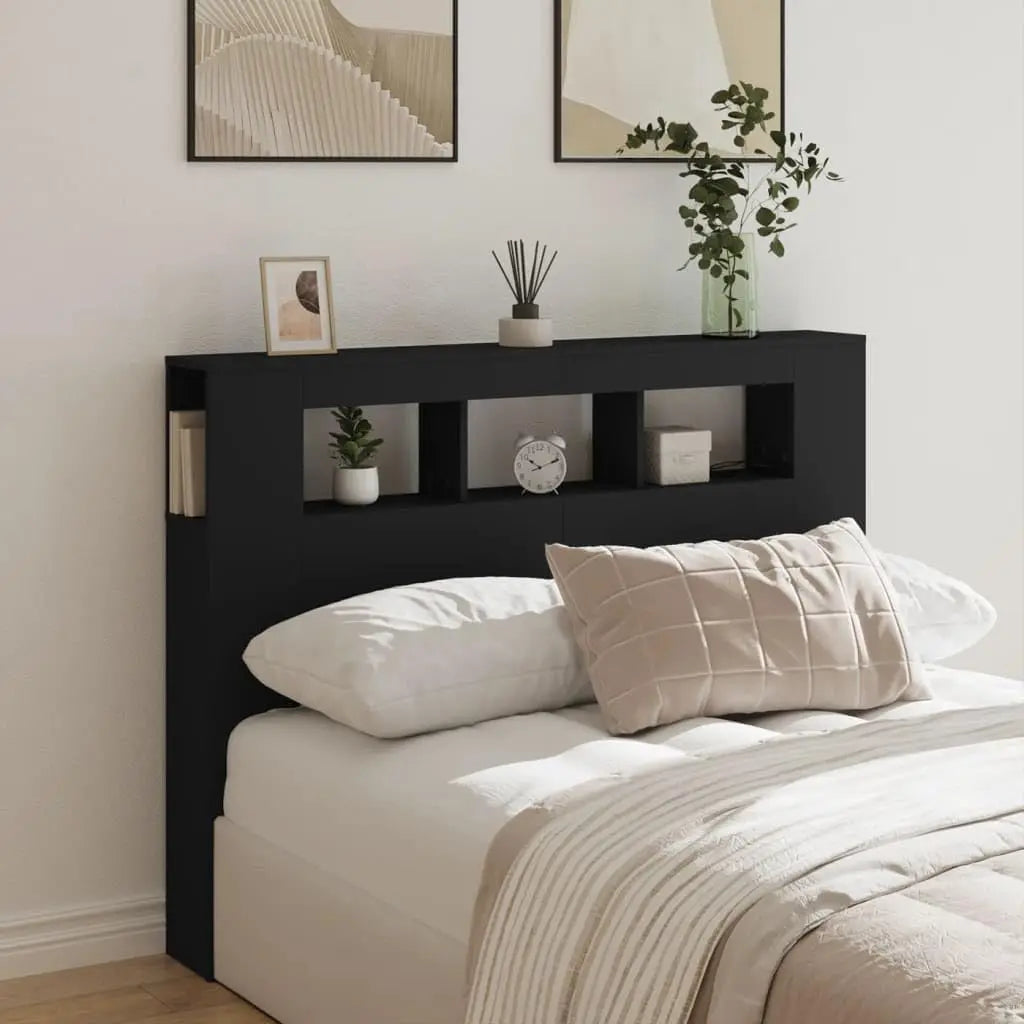 Headboard for Queen Size Bed, Black Engineered Wood, 140cm Wide, RGB Lights, Wall Mounted, Storage She