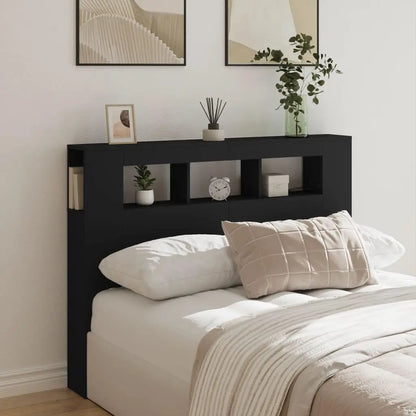 Headboard for Queen Size Bed, Black Engineered Wood, 140cm Wide, RGB Lights, Wall Mounted, Storage She