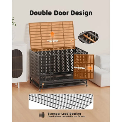 48 Inch Heavy Duty Indestructible Dog Crate Steel Escape Proof, Indoor Double Door High Anxiety Cage, Kennel with Wheels,Customi