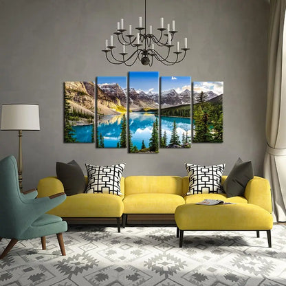 5-Piece Canvas Wall Art Set - Moraine Lake & Rocky Mountains Landscape, Large 60x32 Inch Modern Painting for Home Decor