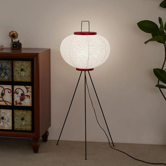 Japanese Rice Paper Floor Lamp 49.2' White Akari Standing Light with 3000K Bulb - Handmade Japandi Noguchi Lantern Shade for Bed