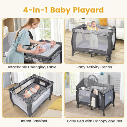 4-in-1 Portable Baby Playard with Bassinet, Changing Table, Canopy & Music Box for Newborns to Toddlers (Grey)
