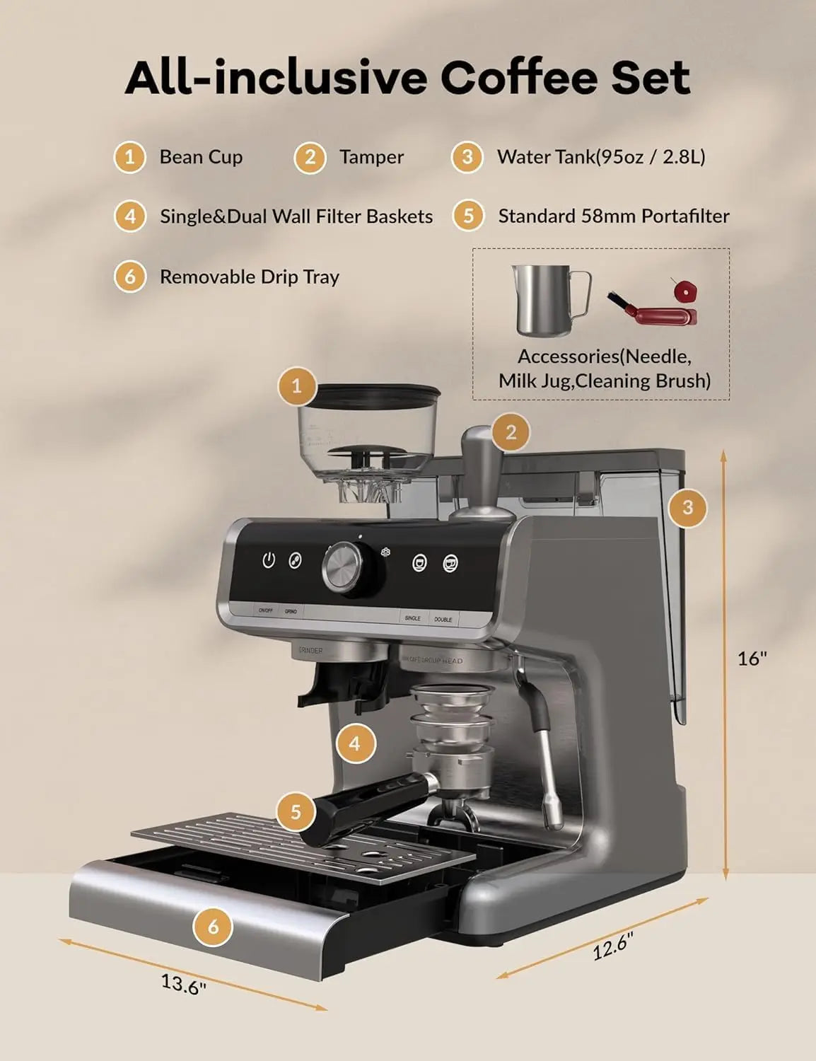20 Bar Espresso Coffee Machine 1450W Semi Automatic Espresso Maker with Grinder for Latte Cappuccino Gift Coffee Lover