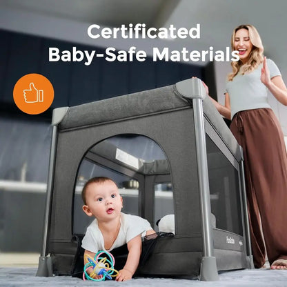 Portable 5-in-1 Baby Playard with Steel Frame, Zippered Door, Changing Table, Locking Wheels, and Breathable Mesh