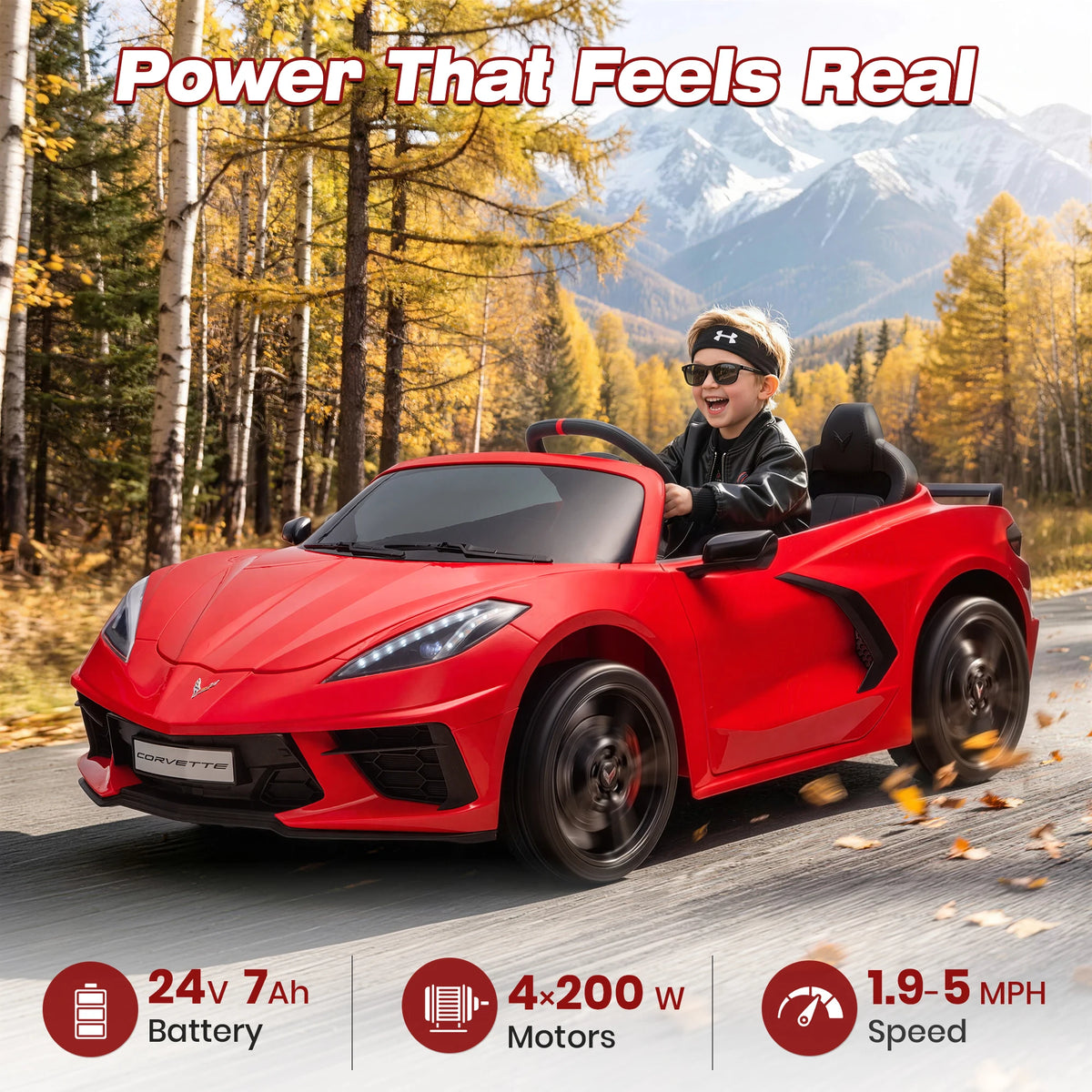 Licensed Corvette 24V Kids Ride On Car 4WD/ 2WD 2 Seater Electric Toy Vehicle, 4x200W Motors, Parent Remote Control, 10" Light Wheels, Dual Drive Modes, Bluetooth Music, XL Large Size Kids Ideal Christmas Halloween Gift for K