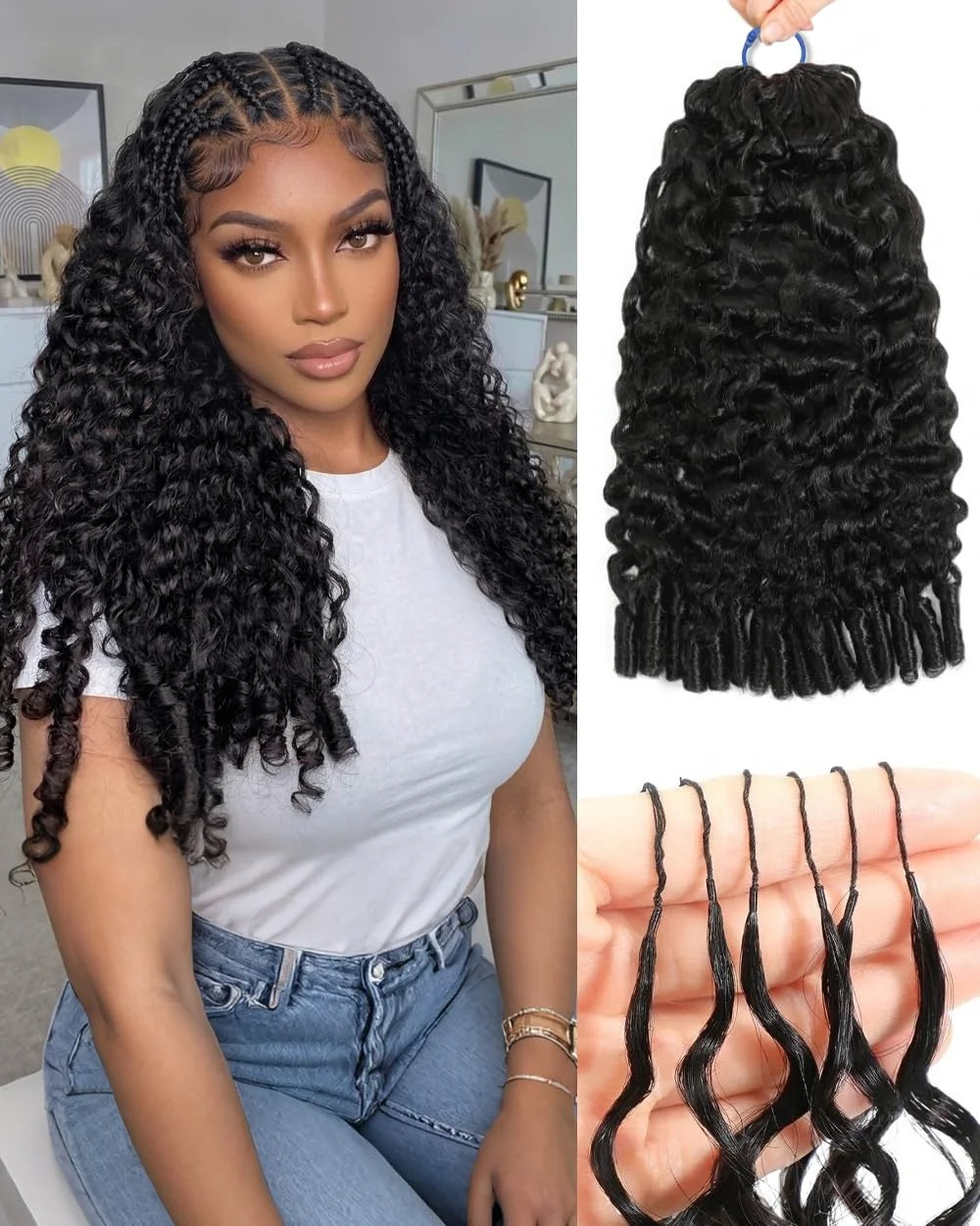 Burmese Curly Feather Crochet Human Hair France Curly Pre-Separated Knotless Crochet Human Hair Extensions With Loop For Braidin  Crochet Human Hair Extensions Burmese Pixie Curls Crochet Hair