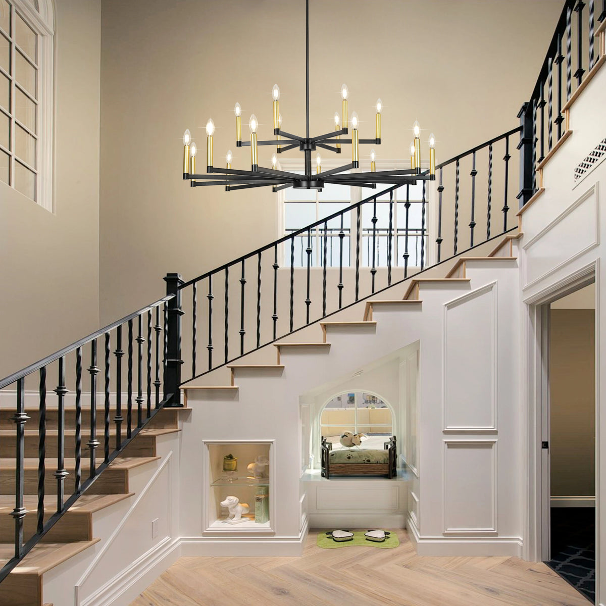 Candle Chandeliers for Dining Room 2-Tiered 18 Light Black and Gold Chandelier Farmhouse Chandelier Height Adjustable