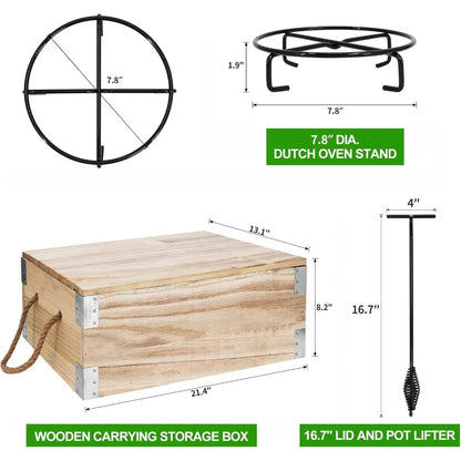 8 piece cooking set Cast iron camping cookware with vintage carrying wooden box for outdoor family BBQ baking