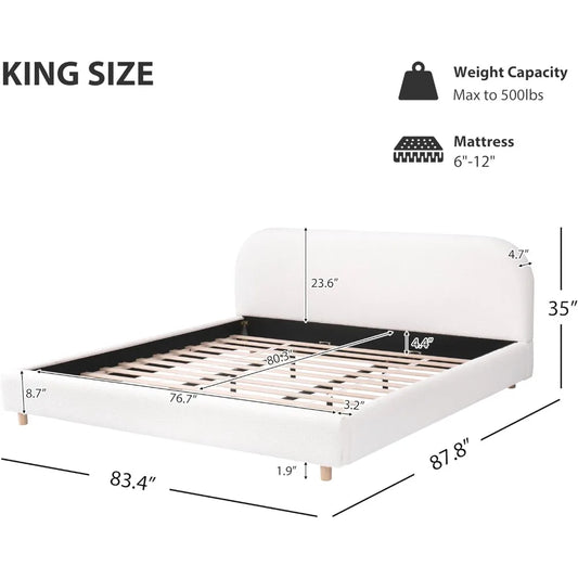 Merax King Size Teddy Fleece Thick Fabric Upholstered Platform Bed with Curved Shaped Headboard, Wood Bed Frame with Solid Round