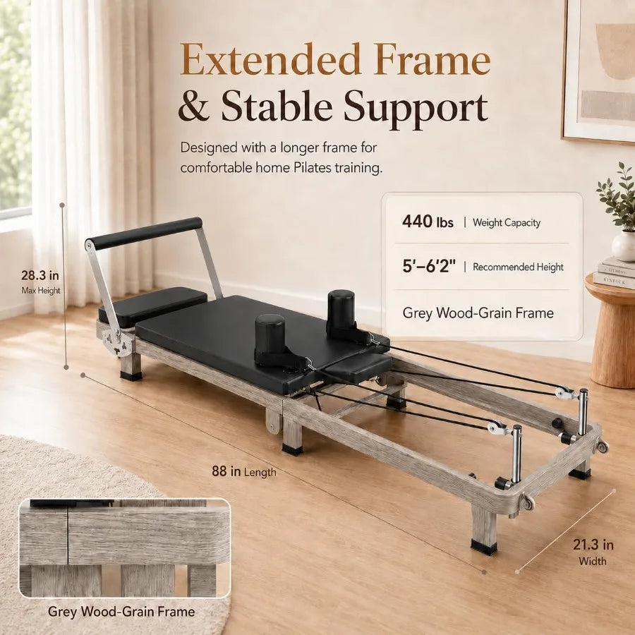 Foldable Pilates Reformer 90% Pre-Assembled Home Gym Women Men Workouts Bundle, Wood Grain Metal Frame Dual Resistance System S