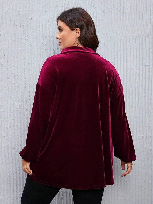 Plus Size Velvet Button Down Shirt for Women, Loose Fit Long Sleeve Casual Blouse, Burgundy Fall Winter Top