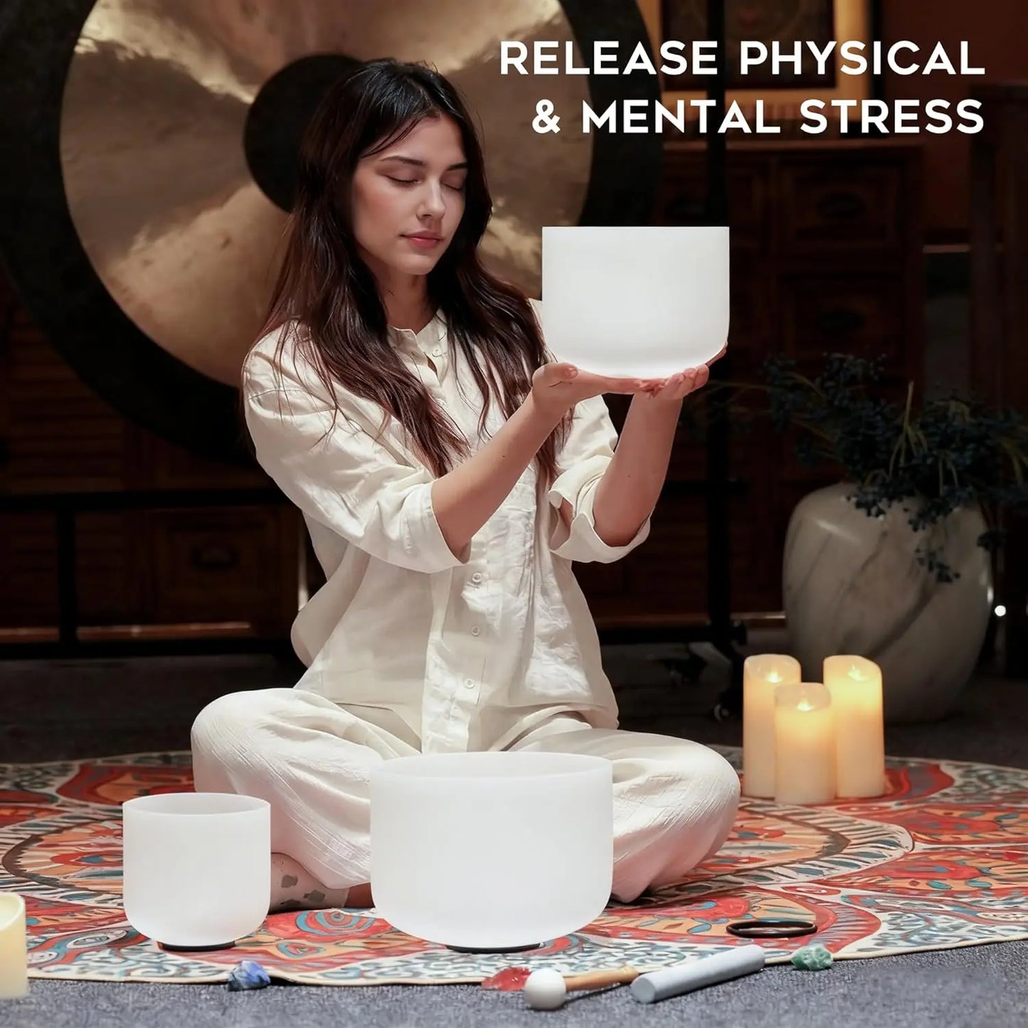 CVNC Set of 3 PCS 440HZ 6" A Note 8" F Note and 10" C Note Frosted Chakra Quartz Crystal Singing Bowl with Carry Case