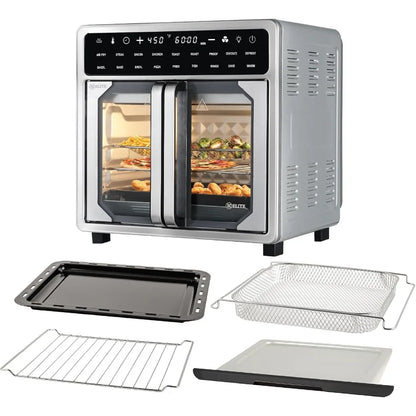 Kitchen Elite 16 Quart French Door Air Fryer Oven Family Size Countertop Convection Cooker with LED Display Stainless Steel Ide
