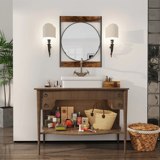 LUVODI Industrial Retro Decorative Wall Mirror Round Accent Mirror with Square Wood Frame for Wall Decor