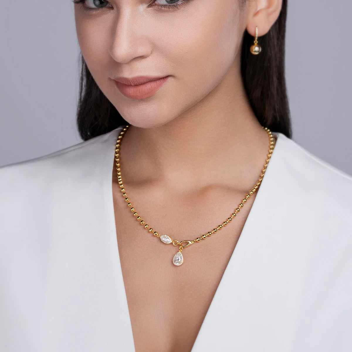 JIUZUAN Moissanite Pendant Necklace Beaded Chain 925 Sterling Silver 18K Gold Plated Elegant Gift Comes with GRA Certificate