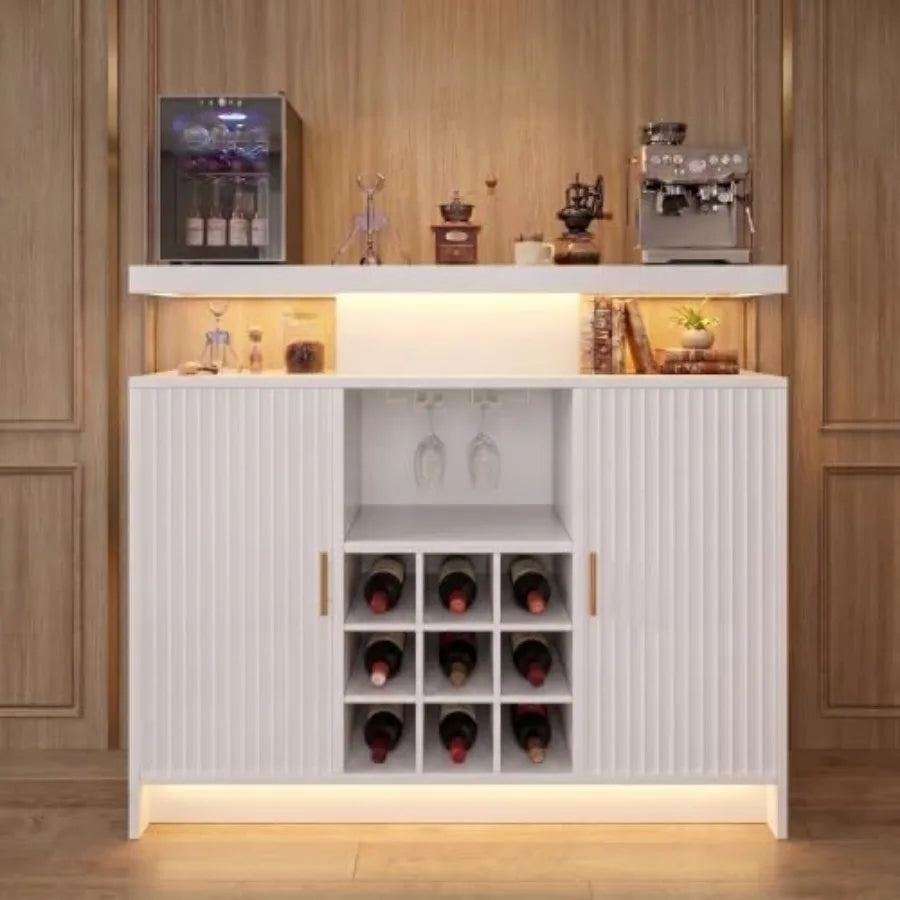 Coffee Bar Cabinet, Wine Storage with Power Outlet and LED Lights
