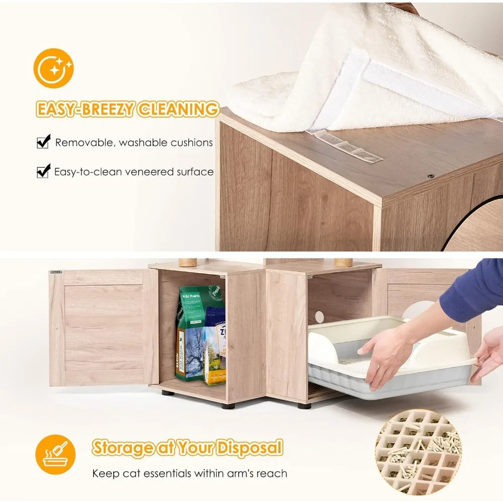 wooden cat litter box enclosure with integrated cat tree, tower, condo, removable cushions, scratching posts, and dual hammocks