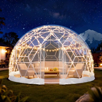 12ft x 7.2ft Geodesic Dome Greenhouse Tent with Clear PVC Cover and Waterproof Feature, Includes 2x10m Light Strings