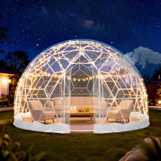 12ft x 7.2ft Geodesic Dome Greenhouse Tent with Clear PVC Cover and Waterproof Feature, Includes 2x10m Light Strings