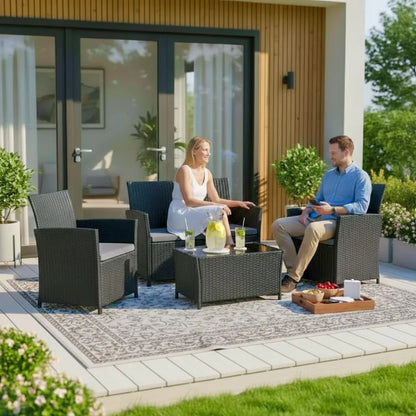 4 Piece Outdoor Patio Furniture Sets for Balcony Porch Backyard: Durable Rattan Conversation Sofa Set with Black-Grey Finish We