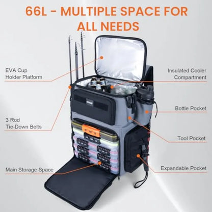 66L Rolling Tackle Box with Cooler Gray Large Fishing Bag with Wheels for 5 3700 Trays Trays Not Included Saltwater Resistant T