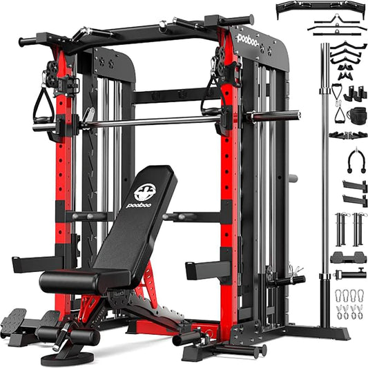 Pooboo Power Cage Smith Machine with 2000LB Squat Rack Cable System | LAT Pulldown and Dual Pulley Cable Crossover with All-in-One Home Gym Machine, Adjustable Stations and Training Attachments with Workout Bench