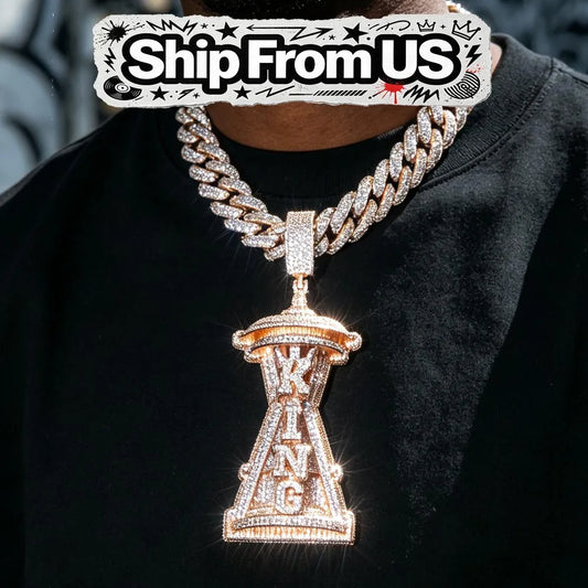 3D Iced Out Hip Hop Time Sandglass Pendant 18K Gold Plated Premium 5A CZ Bling Fine Jewelry Gifts for Men Boy Friends Luxury Streetwear Cuban Chain Necklace Accessory Full Diamond Rose Gold Sparkling KING Letter Birthday Anni