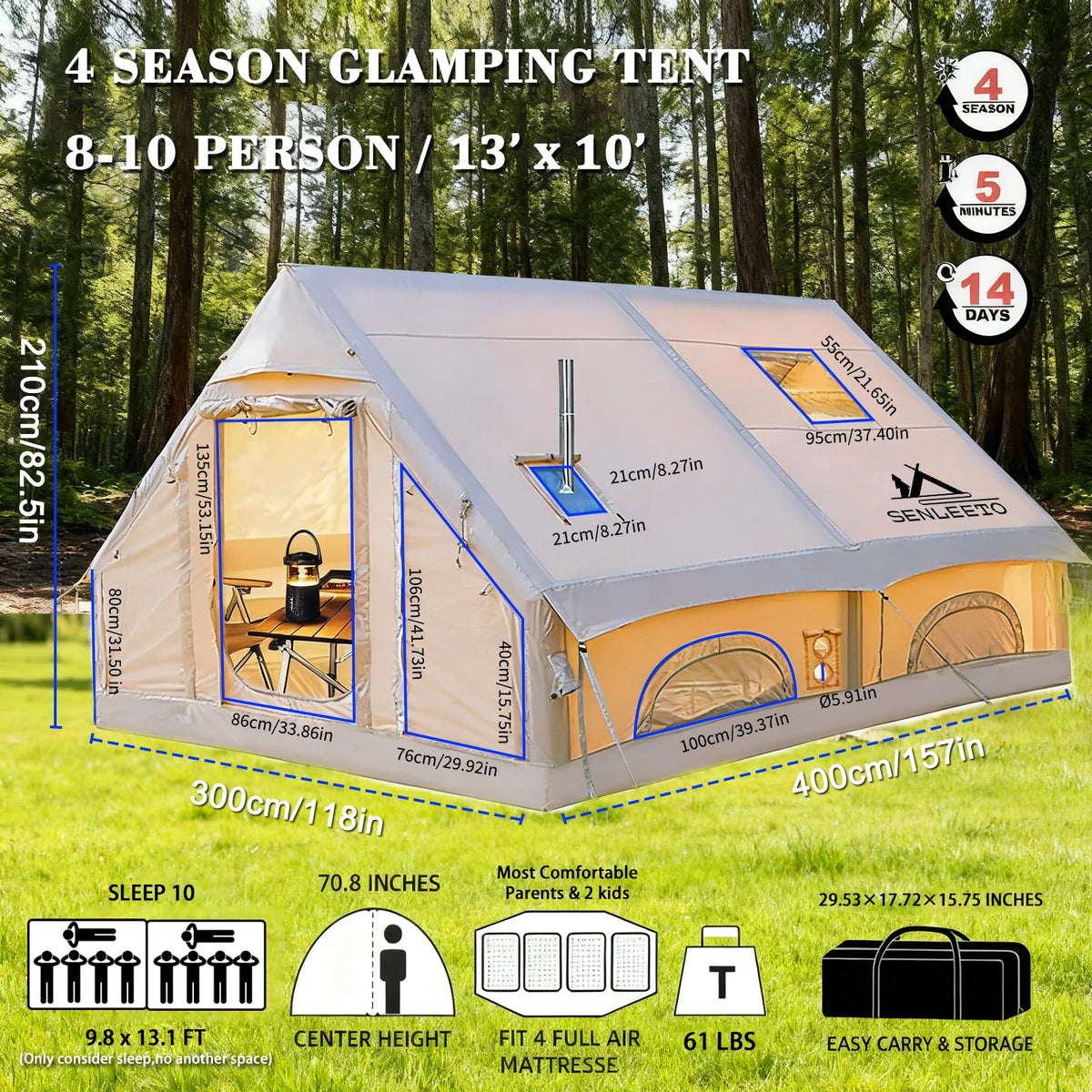 129 Square Feet Inflatable Tents 6-8 Person for Camping with Rainfly&Waterproof Mat,420D High-density Oxford Fabric Family Inflatable Tent House with Stove Jack,AC Vent,Easy Setup Blow up Tent with Mesh Windows