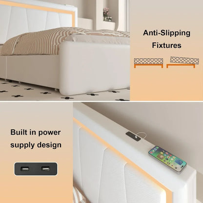Full Bed Frame with 4 Storage Drawers and Adjustable Headboard, Upholstered Platform Bed with LED Lights and USB Ports, Solid Wo