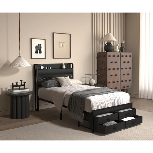 Orraves Twin Bed Frames with Headboard, Twin Size Bed Frames with Storage Drawers, Twin Bed, Black Metal Platform Bed Frame, Single Bed Frame, No Box Spring Needed
