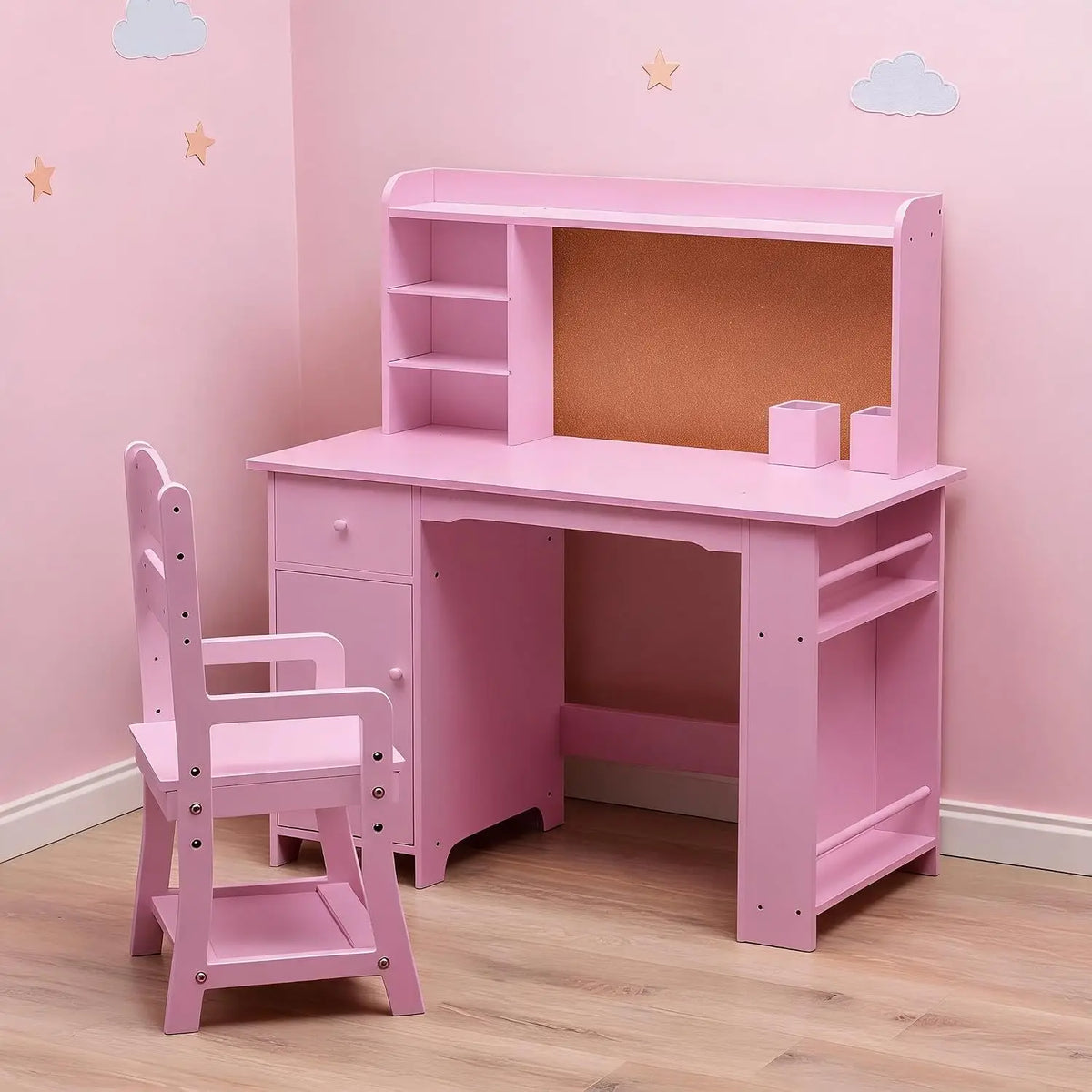 Kids Desk and Chair Set, Wooden Study Table with Bookshelf, Bulletin Board, Storage Shelf, Cabinet & Drawer, Homework Writing Desk for Ages 3-8, Pink