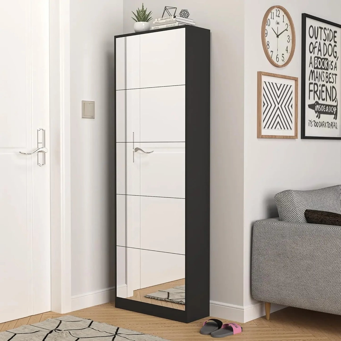 Shoe Storage Cabinet with Full Length Mirror, 30 Pairs & 5 Flip Drawer, Free Standing Shoe Rack Cabinet, Narrow Shoes Organizer