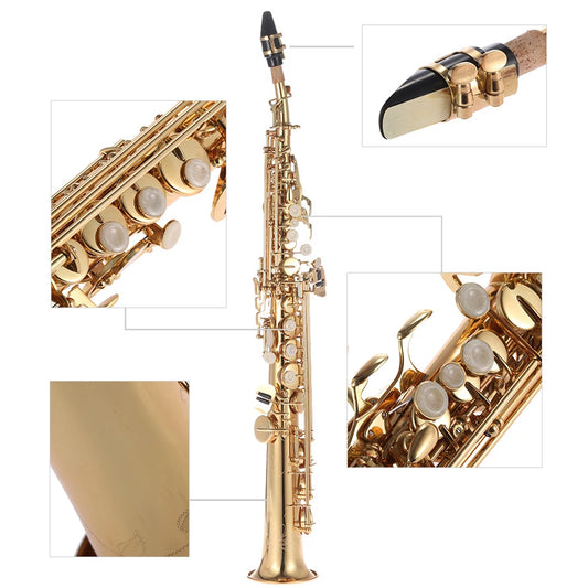 Brass Straight Soprano Sax Saxophone Bb B Flat Woodwind Instrument Nature Shell Key Carve Pattern with Carrying Case