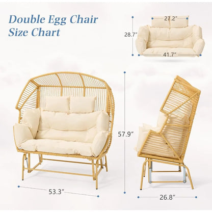 eco-friendly patio double egg chair, outdoor and indoor oversized loveseat, 2 person extra large wicker lounge rocking chairs