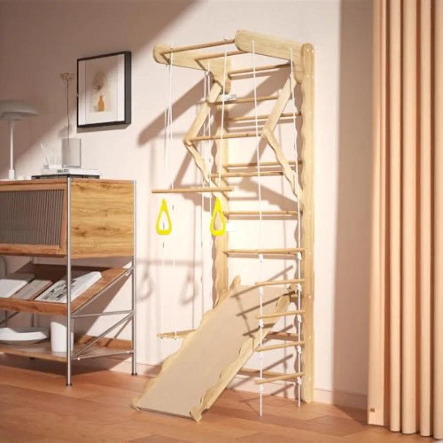5in1 Wooden Indoor Jungle Gym for WallMounted Swedish Ladder with PullUp Bar Rings Swing and Slide MontessoriInspired Playset f