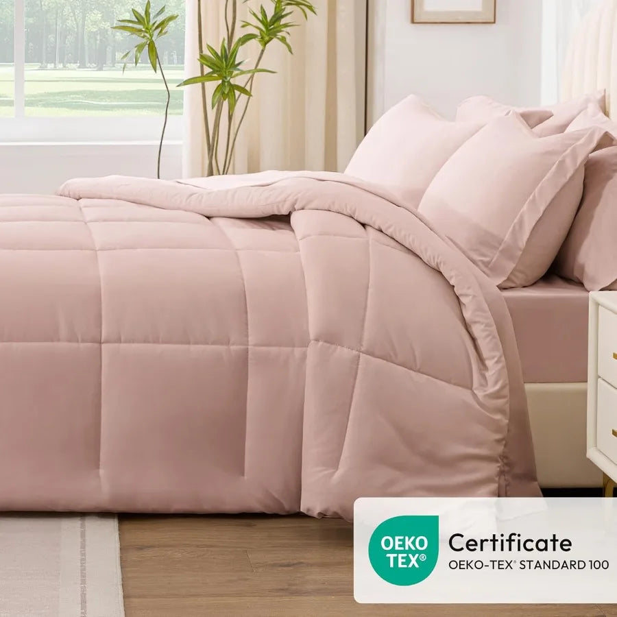 King Size Comforter Set Blush Pink 7 Pieces King Bed in a Bag All Season Bedding with 1 Comforter 1 Flat Sheet 1 Fitted Sheet 2