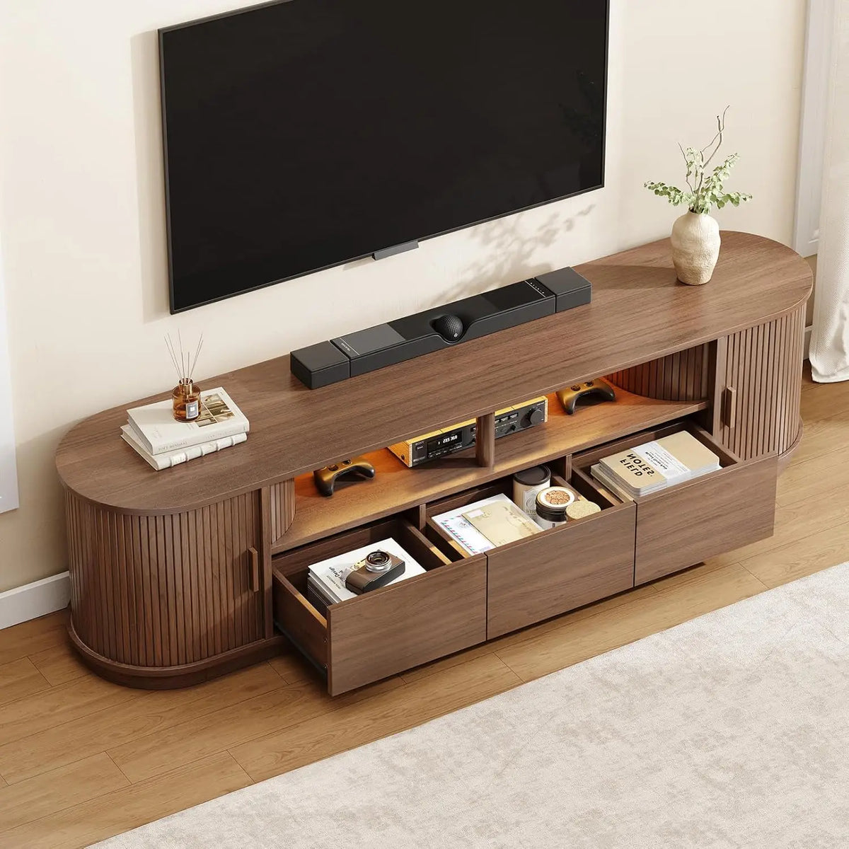 71" TV Stand with Power Outlet, 3 RGB LED Lights, for 85" TVs - 3-Drawer Mid Century Modern Entertainment Unit w/ Adjustable Shelf & Sliding Door Cabinet