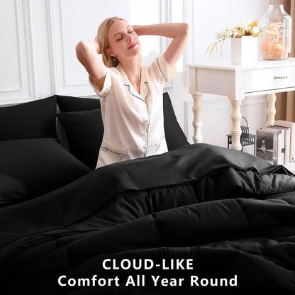 Queen Comforter Set Black, 7 Pieces Bed in a Bag, Black Comforter Queen Size, All Season Bedding Sets with Stitch Quilted Comfor