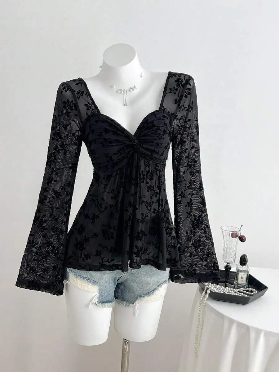 Women's Twist Front V-Neck Long Sleeve Top with Bell Sleeves, Casual Elegant Spring Autumn Blouse