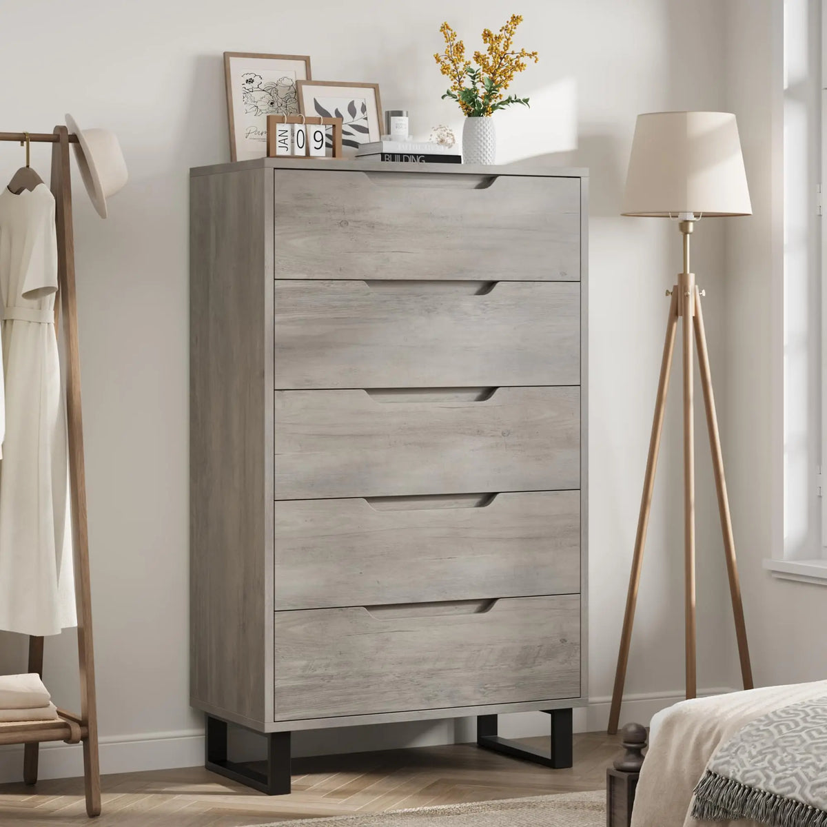 5 Drawer Dresser For Bedroom Freestanding Horizontal Drawer Storage Unit Wooden Closet Chest For Living Room Hallway Entryway
