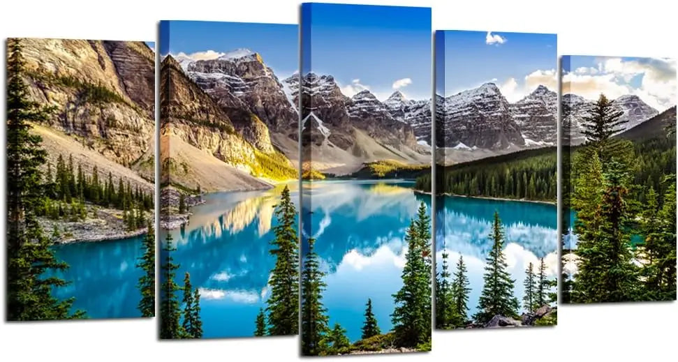 5-Piece Canvas Wall Art Set - Moraine Lake & Rocky Mountains Landscape, Large 60x32 Inch Modern Painting for Home Decor