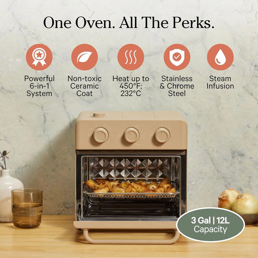 6-in-1 Air Fryer Toaster Oven with Steam Infusion, Non-toxic PFAS-Free Countertop Combo with Bake Pan & Basket